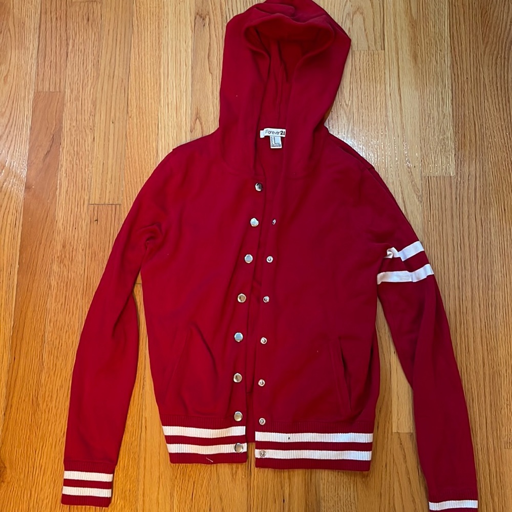 Women's Forever21 Preppy Red Varsity Stripe Jacket with Hood Good for Fall/Winte